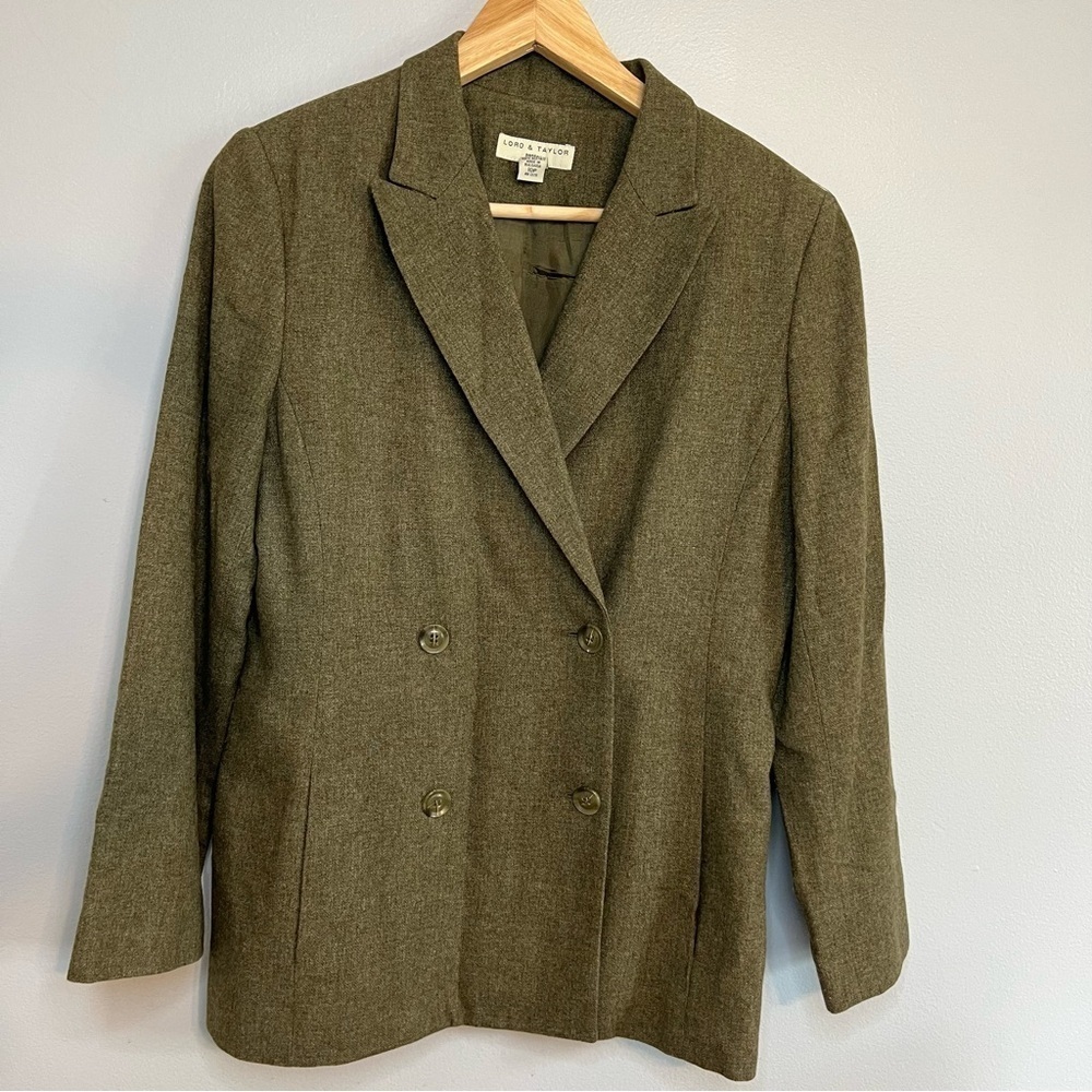 Vintage Lord & Taylor Women Petite Sz 10P Double Breasted Wool Blend Lined Green